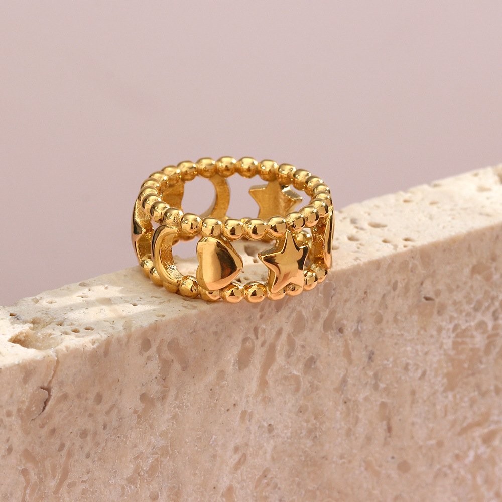 Fashion Stainless Steel Plated 18K Hollow Star Moon Heart-Shaped Ring