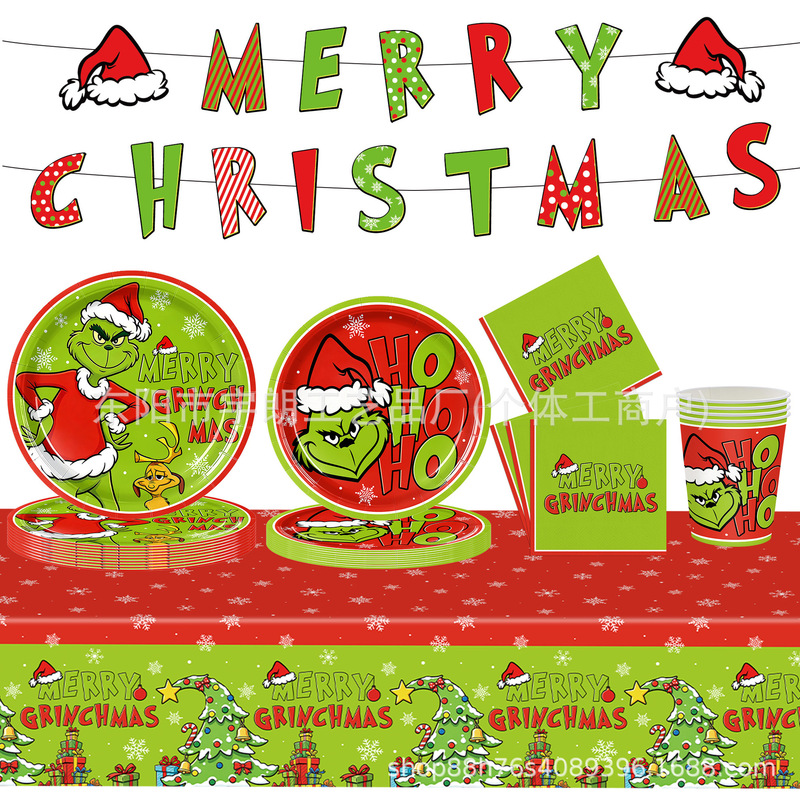 Amazon's New Grinch-Themed Children's Birthday Party Paper Plates, Christmas Tableware, Holiday Decoration Supplies Set