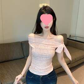 多穿法提花露背挂脖背心女夏季新款纯欲一字肩蝴蝶结修身无袖上衣