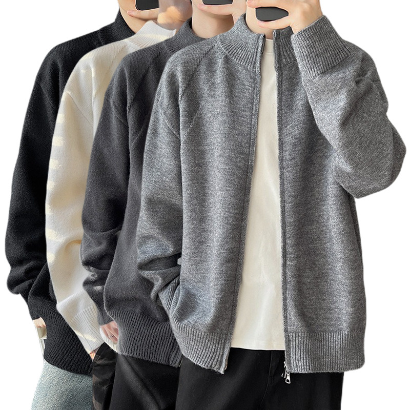 Explosiones transfronterizas de tamaño europeo de gran tamaño de cuello de pie cardigán chaqueta suéter de punto suéter de hombre doble cremallera fábrica al por mayor