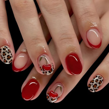 欧美爆款3D立体樱桃豹纹法式穿戴甲24片成品可拆卸假指甲跨境批发