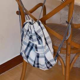 别来无恙 新款复古格纹双肩抽绳斜挎包 时尚美式休闲单肩包男女