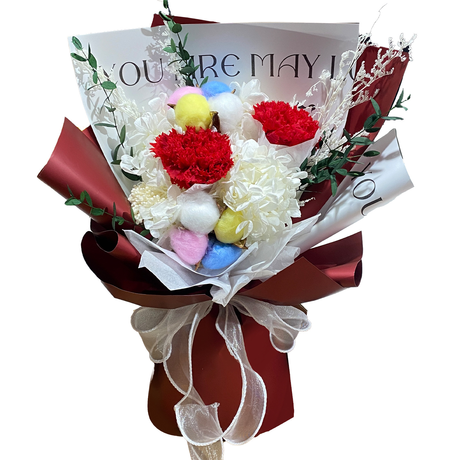 Producto terminado del ramo seco de clavel de flores preservadas con caja de regalo para profesores, madres y ancianos regalo de ramo inmortal de alta gama