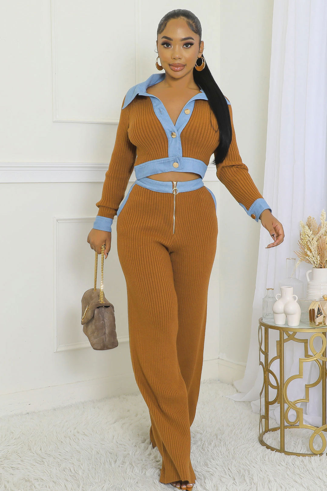 Abbigliamento donna sexy monopetto slim retro polo slim maglia pantaloni maglione due set_voghion.com