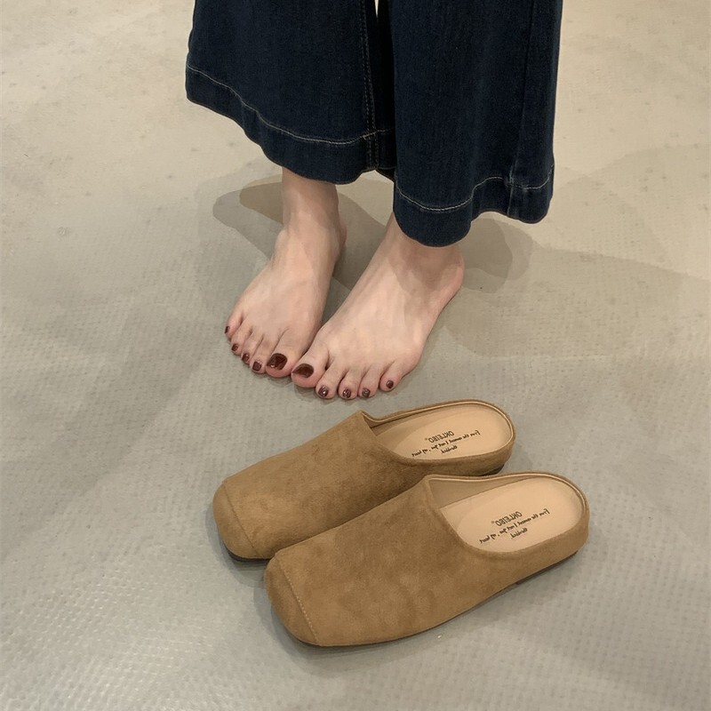 春夏2025新款麂皮穆勒鞋凉拖鞋女尖头绒面低跟单鞋简约包头半拖鞋|undefined