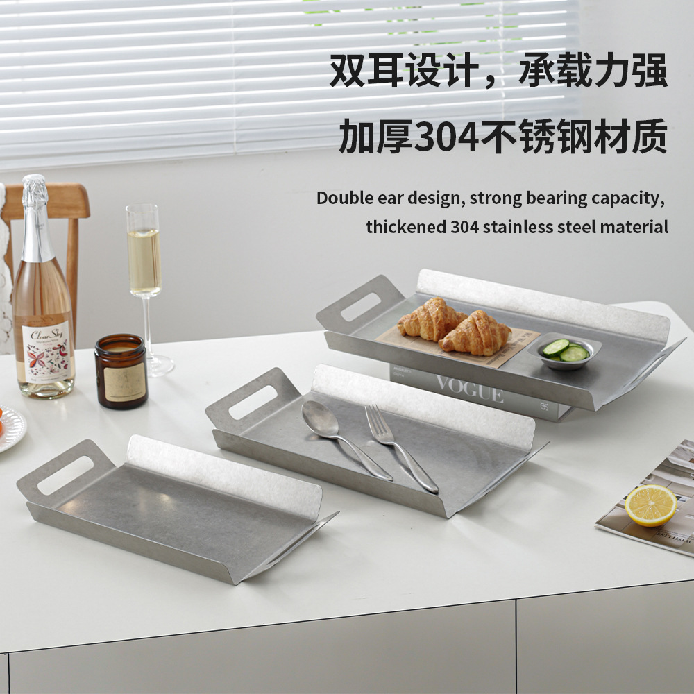 Vintage 304 Stainless Steel End Dinner Plate Coffee Shop Afternoon Tea Pastry Beverage Tea Tray Rectangular Binaural Tray