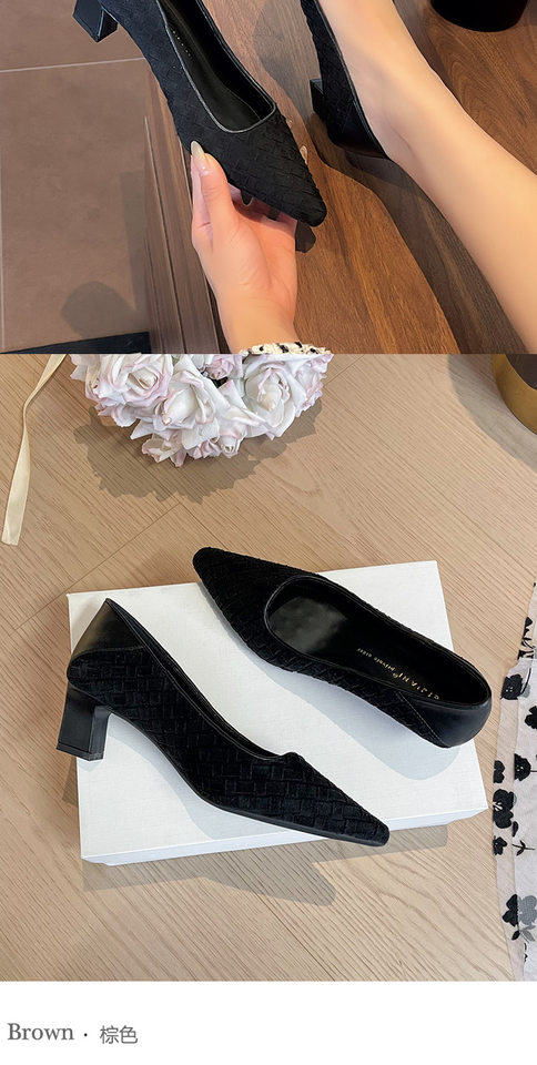 Giày cao gót nữ mũi vuông gót dày thanh lịch phong cách Pháp, có thể đi kèm kiểu dép, gót 3–6 cm — mơ, nâu, Đen (đế giữa màu mơ) chi tiết 10