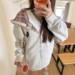 2025小众复古色撞色格纹拉链帽衫宽松休闲连帽开衫卫衣女百搭上衣