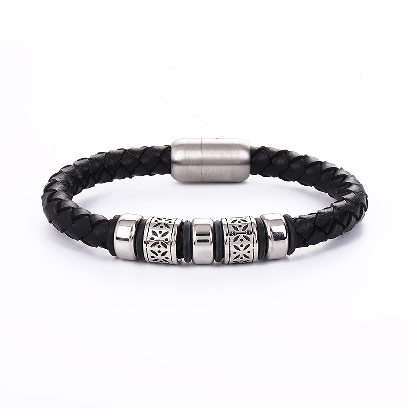 Cross-Border Popular Men's Braided Leather Rope Bracelet with Titanium Steel Magnetic Clasp, Fashionable and Trendy Accessory