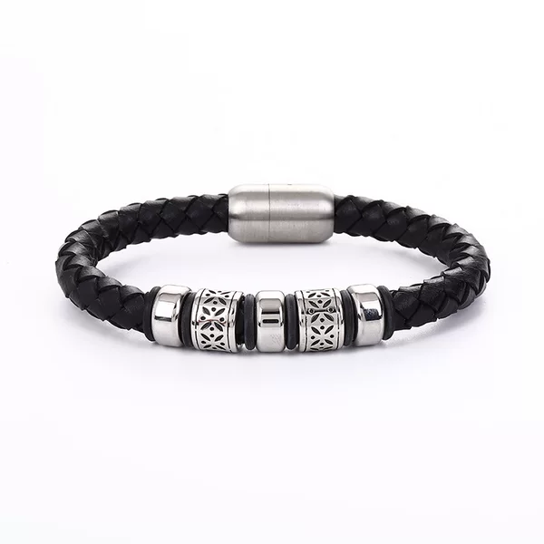 Cross-Border Popular Men's Braided Leather Rope Bracelet with Titanium Steel Magnetic Clasp, Fashionable and Trendy Accessory