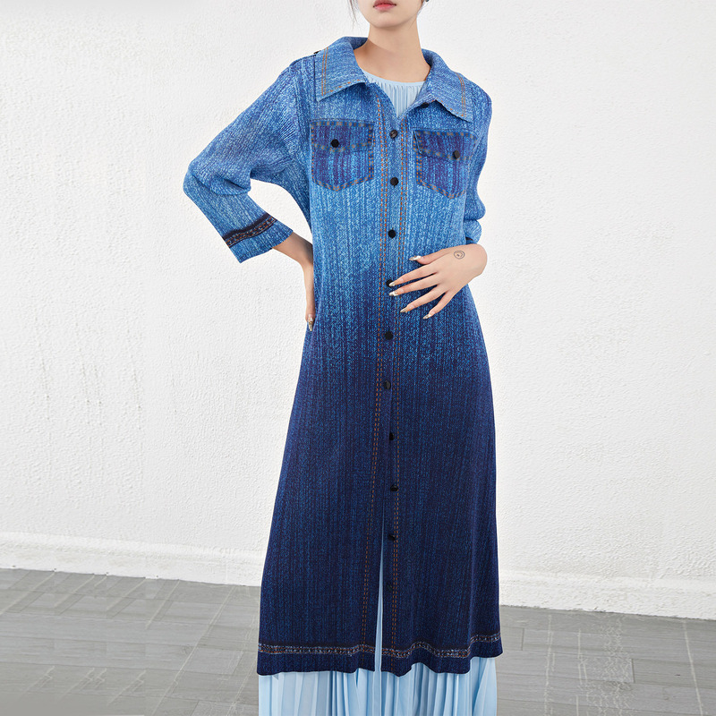 Miyake Retro Long-Sleeved Dress Autumn New Women's Pleated Single-Breasted High-End Faux Denim Slimming Long Dress for Women
