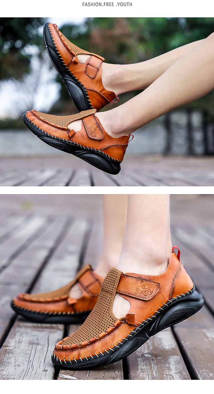 Cross-border plus-size men's sandals 2021 Summer new style mesh shoes, perforated breathable cowhide outdoor sports wading slippers undefined