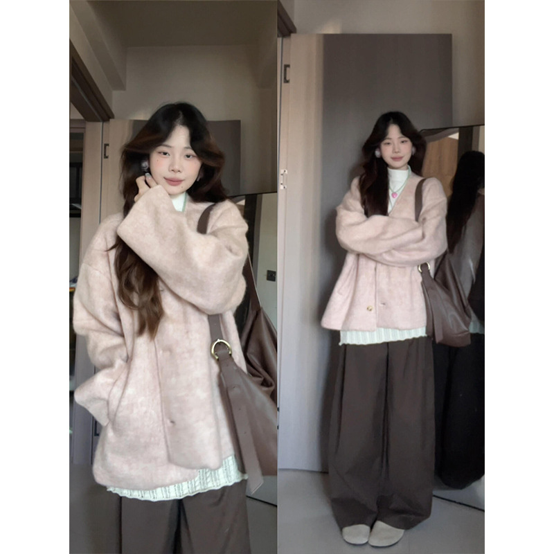 Sweet and girly thick wool coat set with a base layer top and women's brown floor-length pants