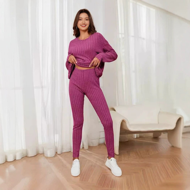 European and American style ribbed knit set for women, 2026 new collection, round neck, long sleeves, long pants, casual loungewear, two-piece set for cross-border sales