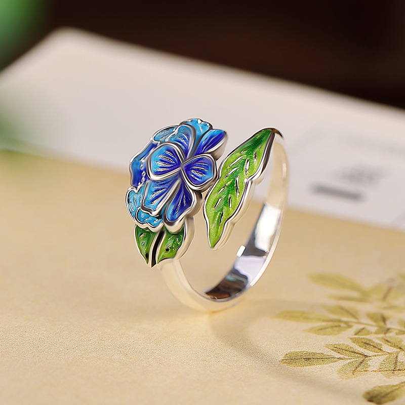 Vòng tay bạc S999 phong cách dân tộc họa tiết hoa sen cloisonne có thể điều chỉnh — Mở một size
