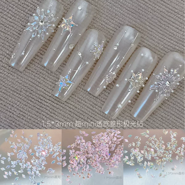 Rhombus-Shaped Flat-Bottomed Nail Art Decorations, Mini Rhombus-Shaped Beveled Zircon with Snowflake Rhinestones, White Aurora Iridescent Nail Rhinestones