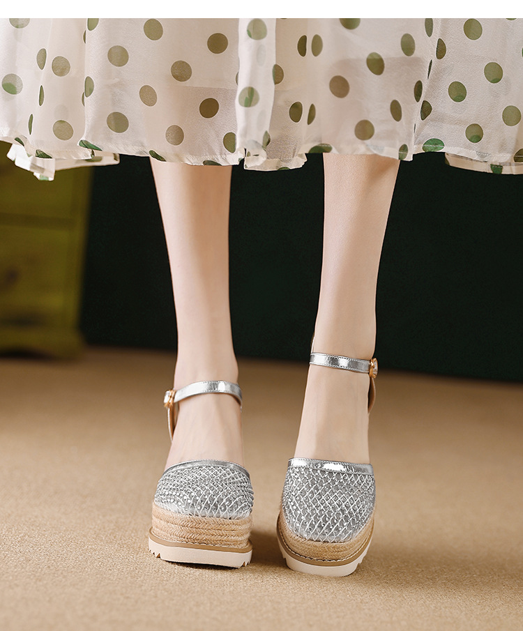 Sandal cao gót nữ mũi nhọn quai ngang đế xuồng đan lưới — màu vàng, bạc chi tiết 10