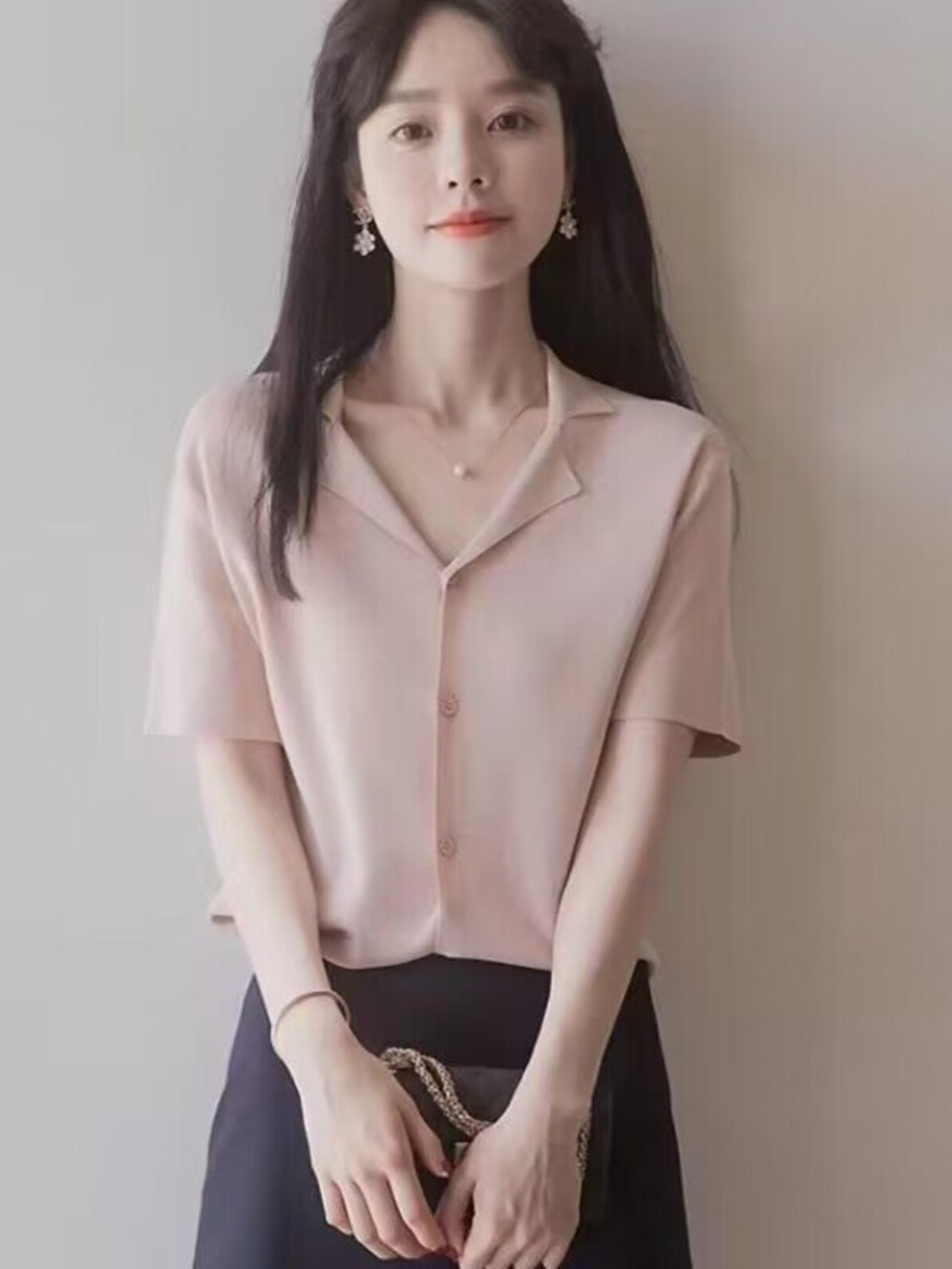 Áo cardigan nữ cổ POLO dệt kim lụa băng tay ngắn mùa hè — Màu trắng sữa