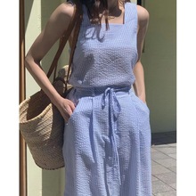 韩国chic夏季新款条纹方领背心+系带高腰半身裙两件套套装