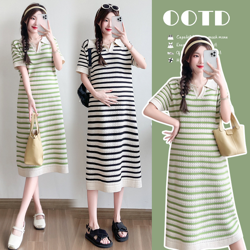 Real Shot of 2025 Summer New Trendy Knitted Striped Maternity Dress with V-Neck, Mid-Length, Black