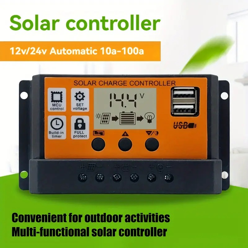 Controlador de carga solar - automático de alta eficiencia 12V / 24V con pantalla LCD, puerto USB dual