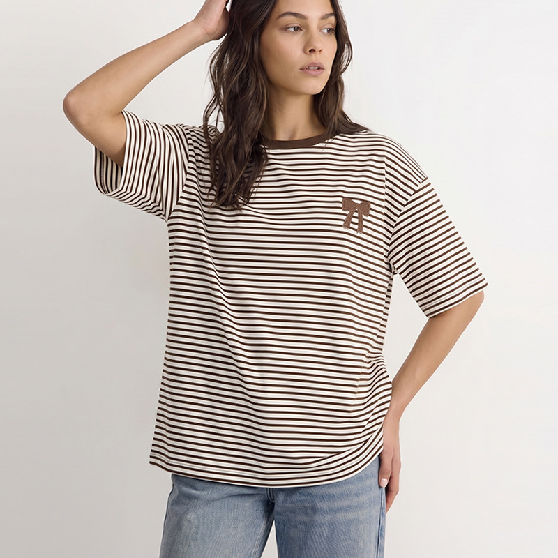 Cross-Border European and American Fashion Striped Loose Women's T-Shirt 2026 Summer Amazon Foreign Trade Russian Mid-Sleeve Top Cross-Border European and American Fashion Striped Loose Women's T-Shirt 2026 Summer Amazon Foreign Trade Russian Mid-Sleeve Top