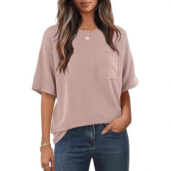 cross-border European And American Women's Summer Short-sleeve Pocket Top, Oversized Round-neck Textured Casual_ecoleips.com