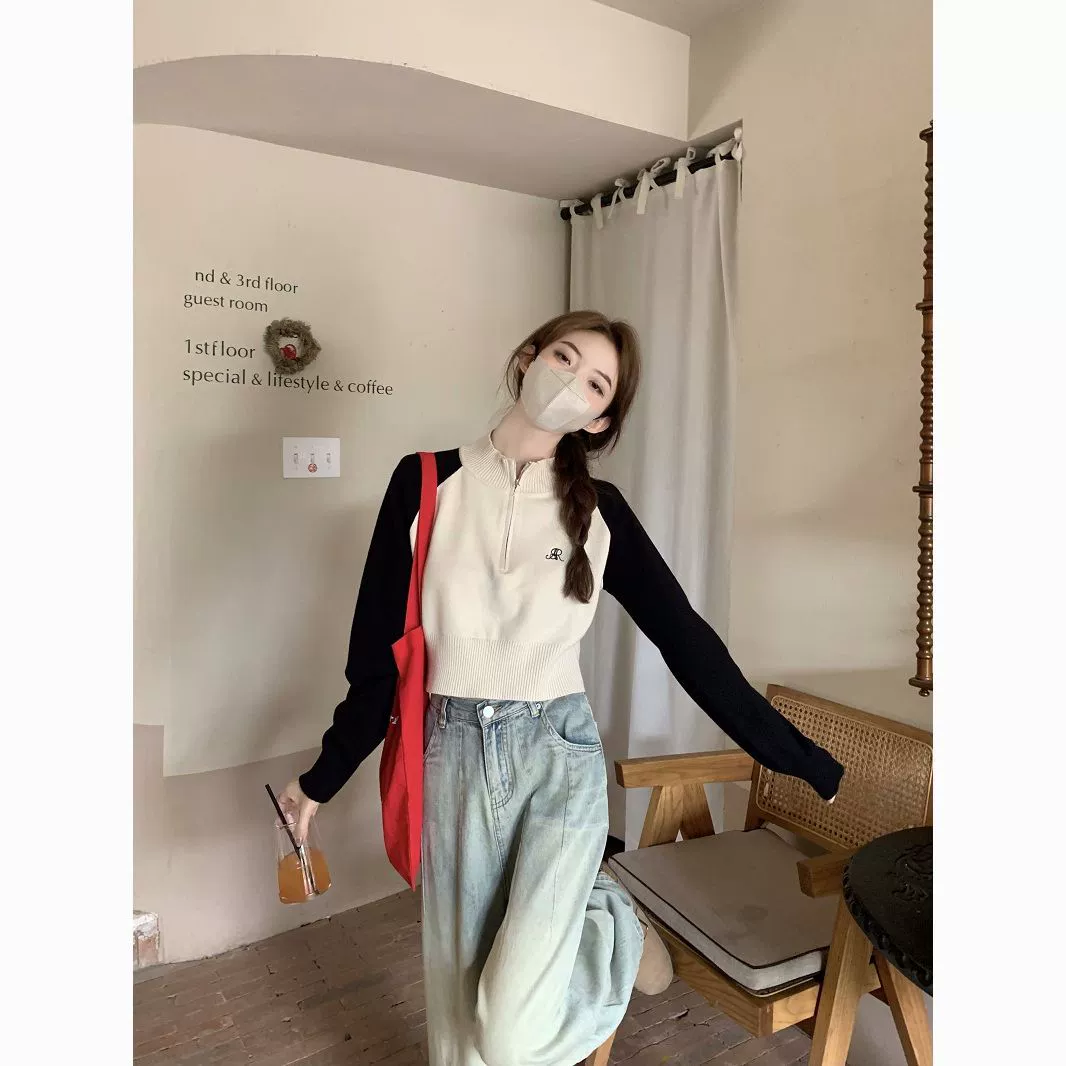 Американский ретро вязаный свитер женский осенний костюм 2024 новый маленький свитер с длинными рукавами короткий топ