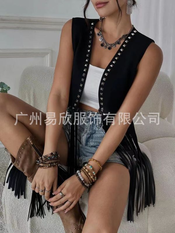 女式流苏 60 年 70 年代嬉皮背心无袖牛仔西部人造鹿皮绒流苏夹克|undefined