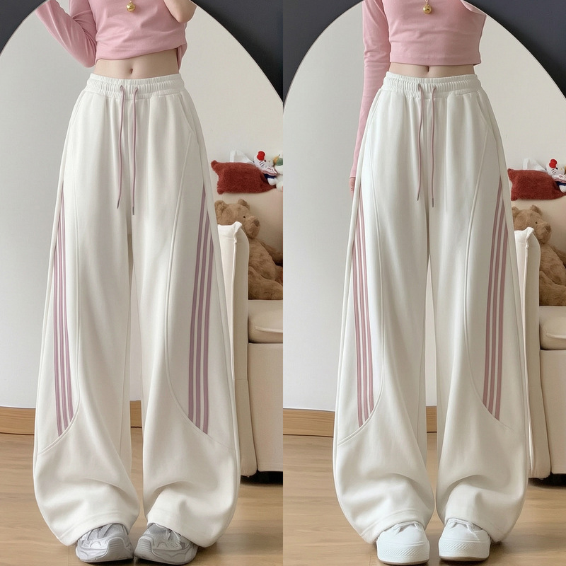 White striped drawstring sweatpants for women, new autumn high-waisted loose wide-leg pants, petite three-stripe curved pants White striped drawstring sweatpants for women, new autumn high-waisted loose wide-leg pants, petite three-stripe curved pants