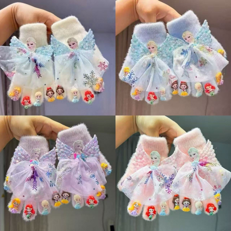 Children's Elsa Princess Autumn Girls' Warm Indoor Home Cute Cartoon Fingerless Gloves Wholesale