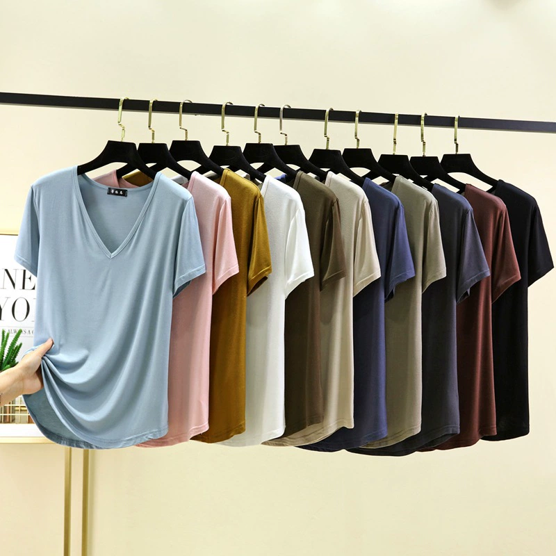 Женская футболка из модала с V-образным вырезом и короткими рукавами, тонкая, Новинка осени 2024 года, приталенный короткий топ, майка для женщин