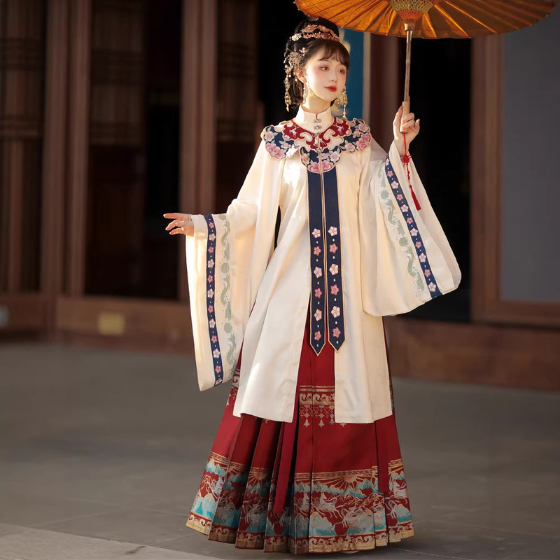 Luozhu Original Hanfu for Women: Ming-Style Double-Breasted Stand Collar Embroidered Cloud-Shoulder Long Jacket with Imitation Floral Gold-Woven Horse-Faced Skirt Luozhu Original Hanfu for Women: Ming-Style Double-Breasted Stand Collar Embroidered Cloud-Shoulder Long Jacket with Imitation Floral Gold-Woven Horse-Faced Skirt