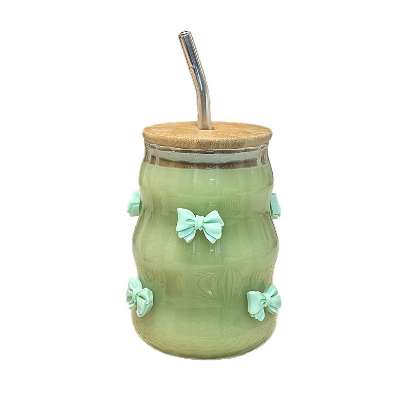 Linda taza de paja de patrón vertical con lazo, taza de café para el hogar, taza de té con leche con tapa de bambú, taza de vidrio resistente a altas temperaturas