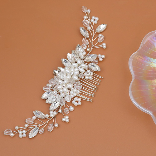 European and American cross-border fashion pearl comb hand-woven rhinestone crystal hair comb wedding photo updo bridal headwear