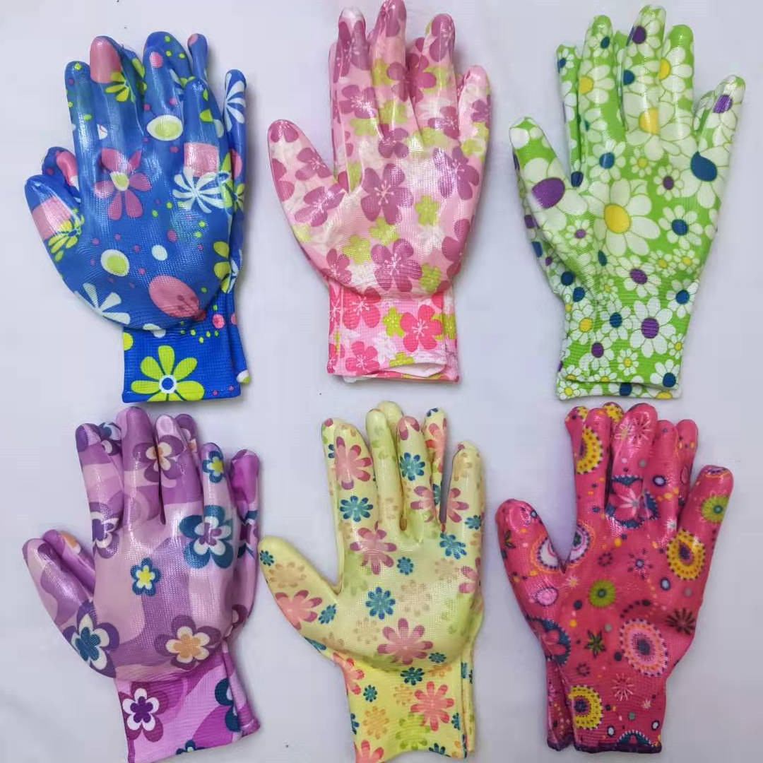 Guantes de protección laboral brillantes de nitrilo sumergidos en palma de nailon impreso de 13 pines del fabricante, guantes de jardín transpirables, resistentes a las perforaciones, resistentes al desgaste y a prueba de puñaladas