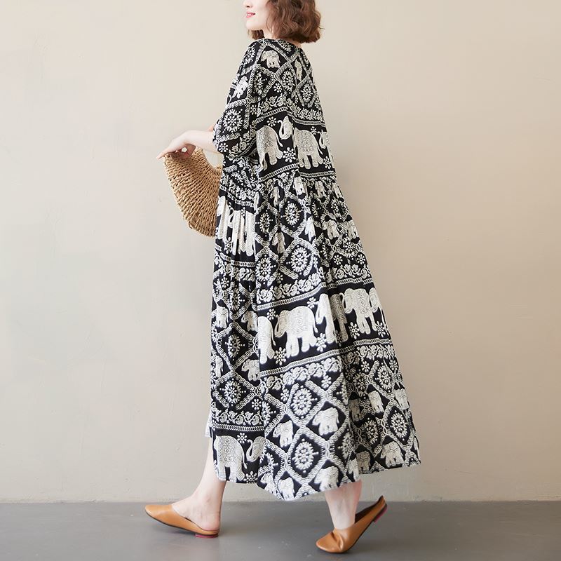 Summer National style cotton silk printed plump mm large swing dress loose retro casual short sleeve dress women 260kg