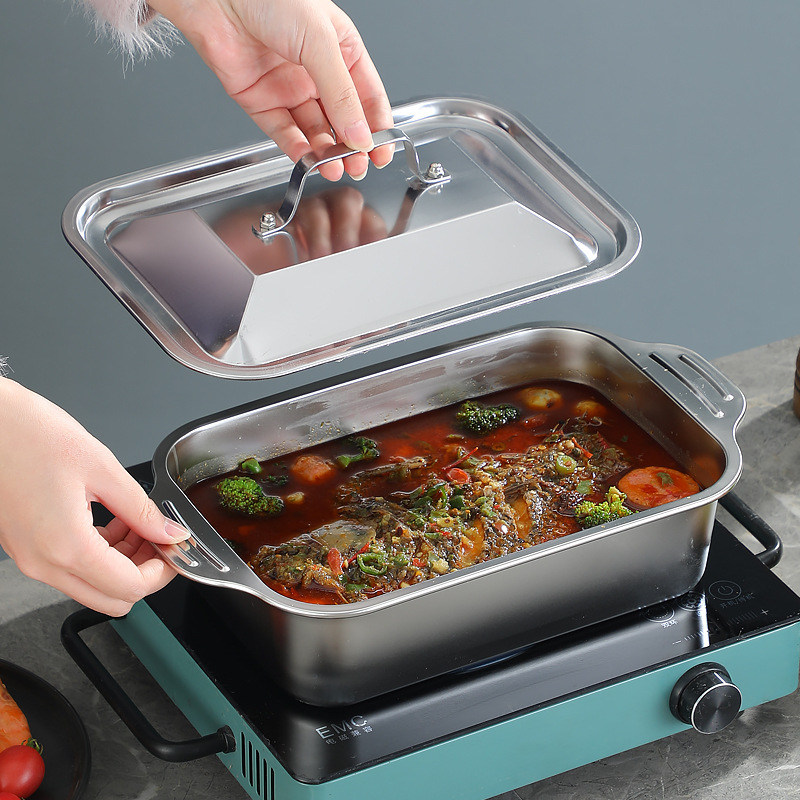 跨境双耳不锈钢烤鱼盘家用长方形带盖烤鱼托盘商用加厚不粘烧烤盘