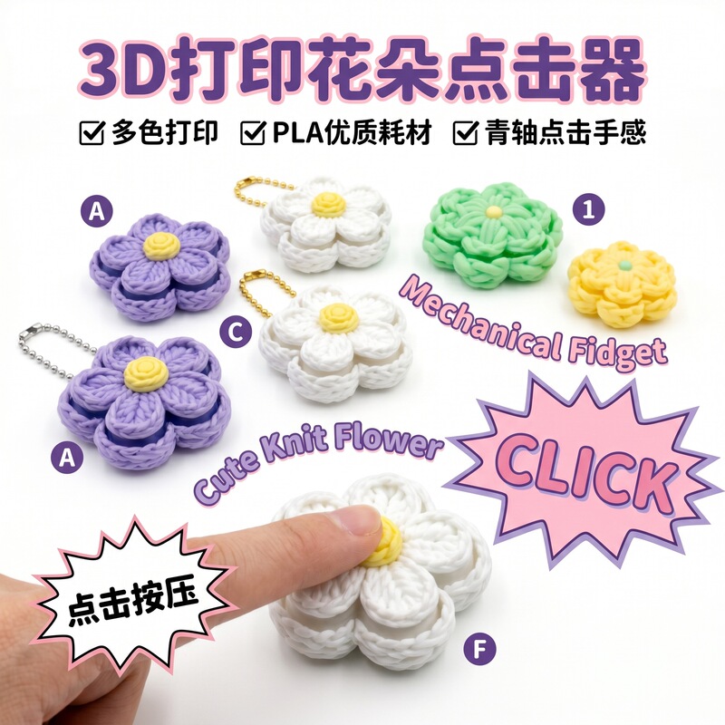 3D Printed Cute Clicker Knitted Flower Stress Relief Button Mechanical Key Finger Press Keychain Pendant Toy 3D Printed Cute Clicker Knitted Flower Stress Relief Button Mechanical Key Finger Press Keychain Pendant Toy