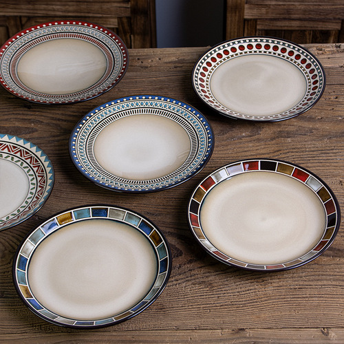 Creative kiln-glazed Western-style dinner plate, steak plate, household dish plate, ceramic plate, underglaze color pasta plate, breakfast plate wholesale