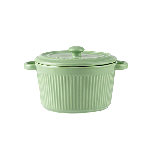 Ceramic Minimalist Striped Double-Eared Covered Steamer Egg Home Use One Person Portion Creative Stew Pot Soup Bowl Baking Bowl Soup Bowl Tableware