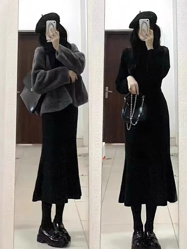 [Knitted Skirt] Knitted Dress with Coat for Women, Autumn and Winter Long Waist-Cinching Winter Base Layer Sweater with Fishtail