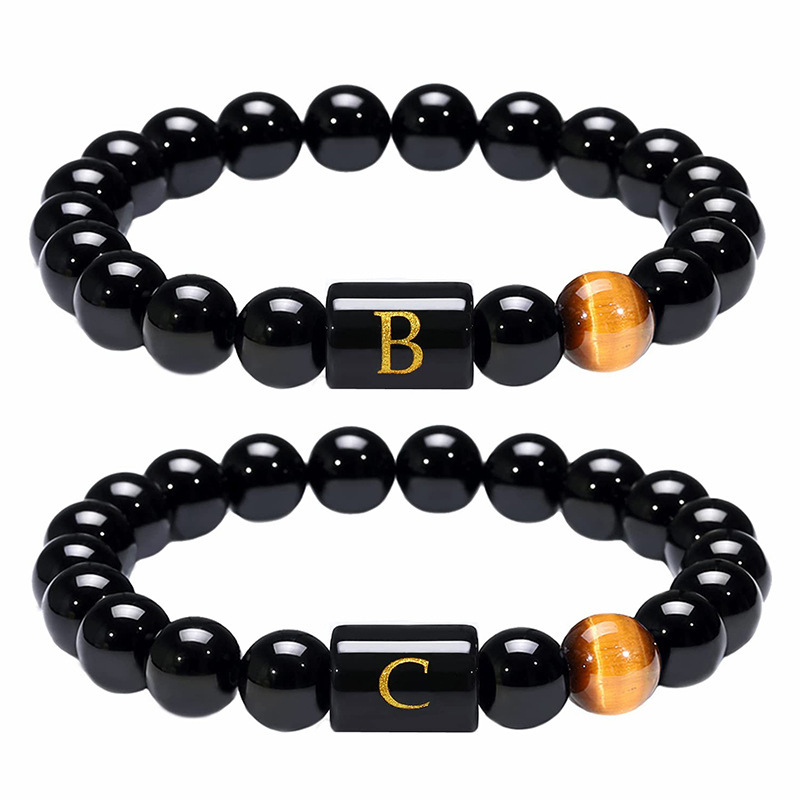 temu爆款欧美热卖26字母黑玛瑙手链天然虎眼石手链男女情侣手链