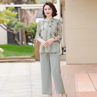 新中式国风妈妈装夏季套装2025新款中老年女夏季中袖上衣服两件套