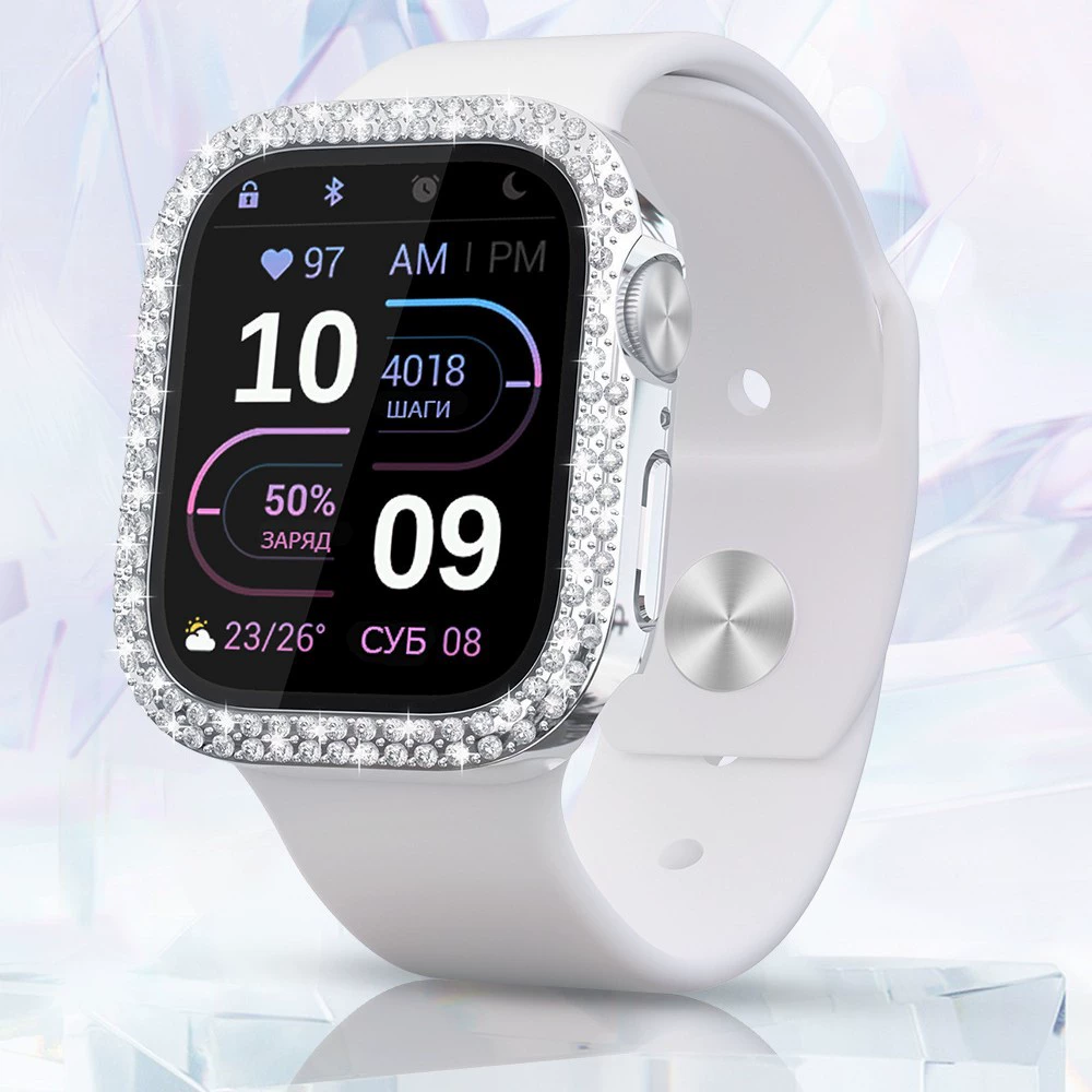 Защитный чехол для Apple Watch 10, совместимый, двойной ряд инкрустации кристаллами, ПК с закаленной пленкой, интегрированный корпус для часов