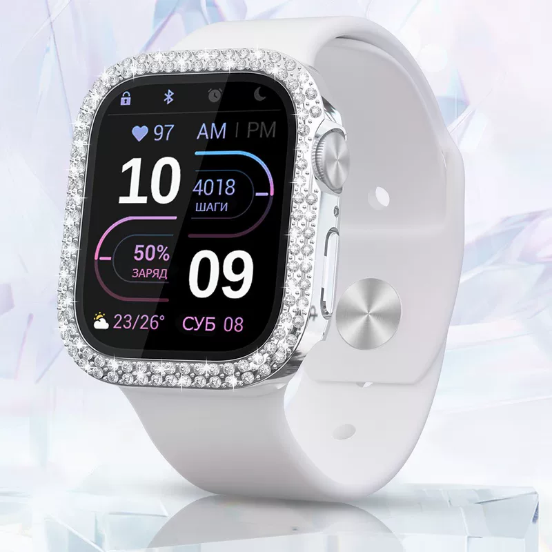 Защитный чехол для Apple Watch 10, совместимый, двойной ряд инкрустации кристаллами, ПК с закаленной пленкой, интегрированный корпус для часов