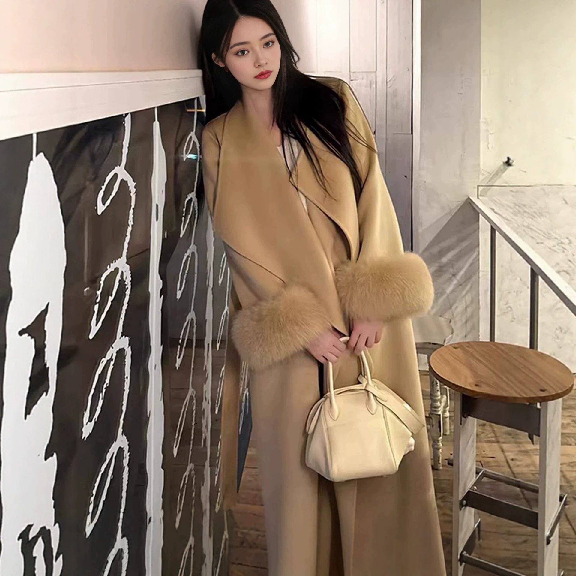 Luxury fur coat with large fur collar, double-sided woolen coat for women, 2026 winter new style, high-end loose woolen coat