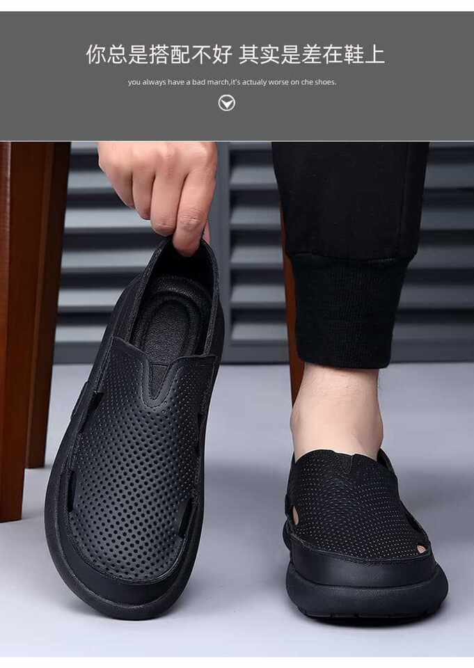 Dép sandal nam da bò đế bằng mũi tròn kiểu lười thoáng khí, đế cao 1 cm — Trắng CB9926-2, Đen CB9926-2 chi tiết 17