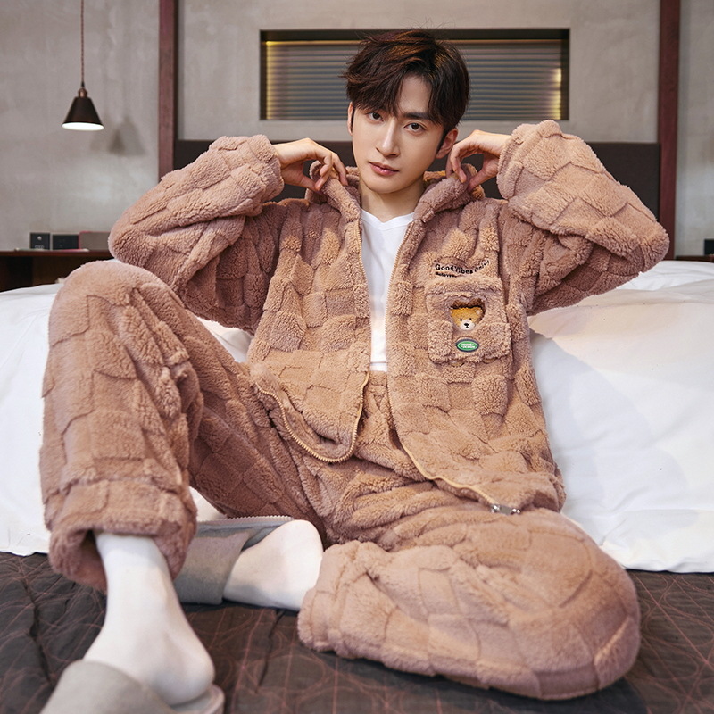 Pijamas Otoño e Invierno de los hombres de lana de coral forrado de lana gruesa caliente con capucha franela suelta más tamaño homewear traje