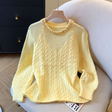 重工钉珠拼接微透慵懒感灯笼袖绞花毛衣女秋冬洋气时髦精致针织衫